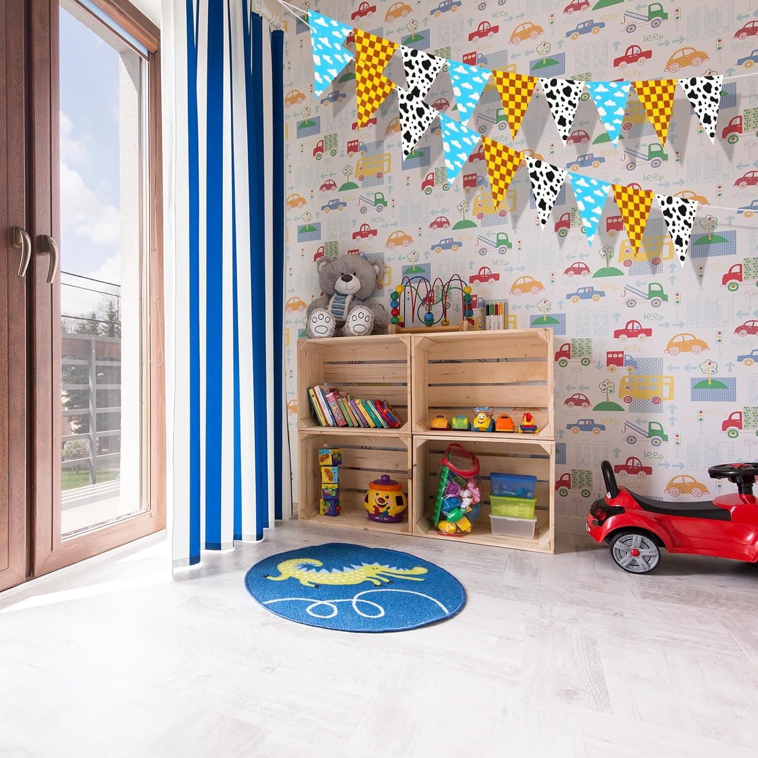 4Pcs Cartoon Birthday Decorations, Cartoon Story Party Decorations Triangle Pennant Flag Blue Yellow Red Party Decor Outdoor Garden Supplies for Outdoor Indoor Decorations image number 3