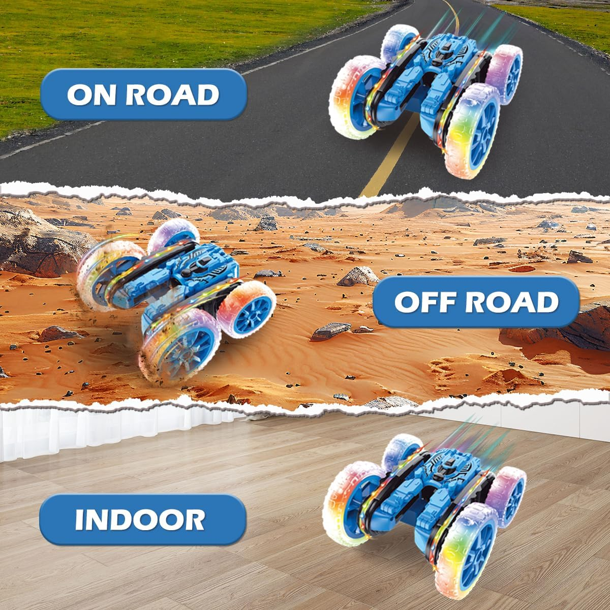 Kaekid Remote Control Car, RC Stunt Toys with LED Lights & Cool Spray, Double-Sided 360&deg; Rotating 4WD High Speed Off-Road Car, Indoor/Outdoor Toy RC Drift for 6 7 8 9 10 11 12 Year Old Boy (Blue)