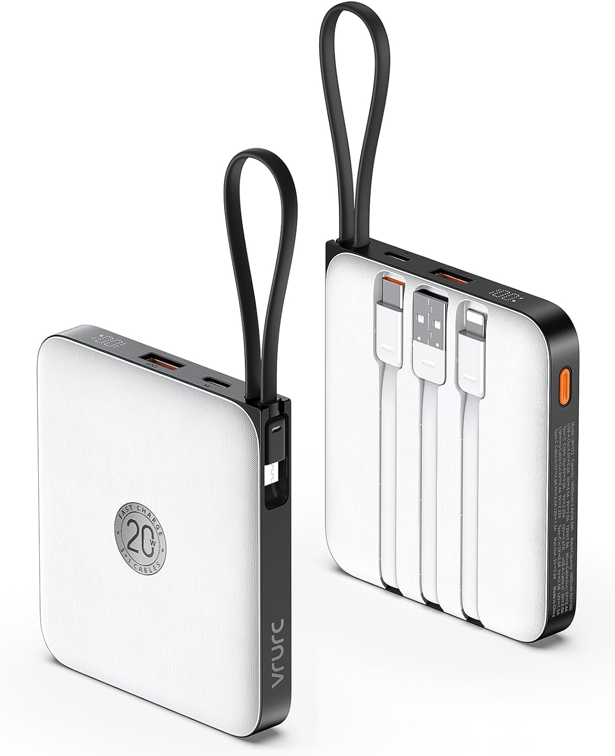 Portable Charger Power Bank Built-In Cables, 10000Mah 22.5W Fast Charging USB C Battery Pack, VRURC Phone Charger Battery & LED Display,White image number 4