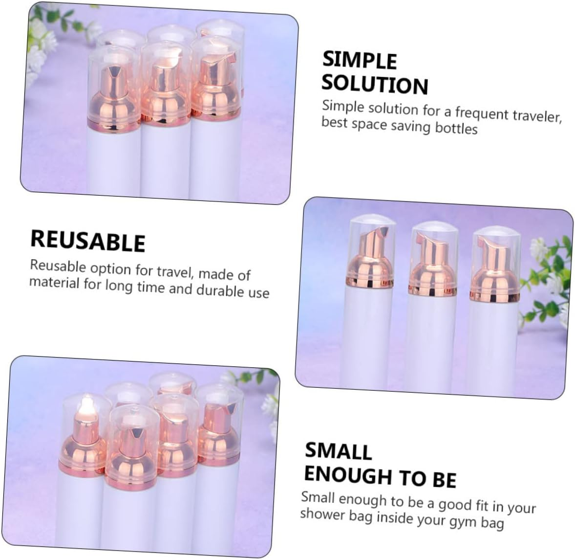12Pcs 30Ml Refillable Pet Foaming Pump Bottles Portable Facial Cleanser Dispenser for Travel Toiletries with White Bottles and Rose Gold Pumps image number 2