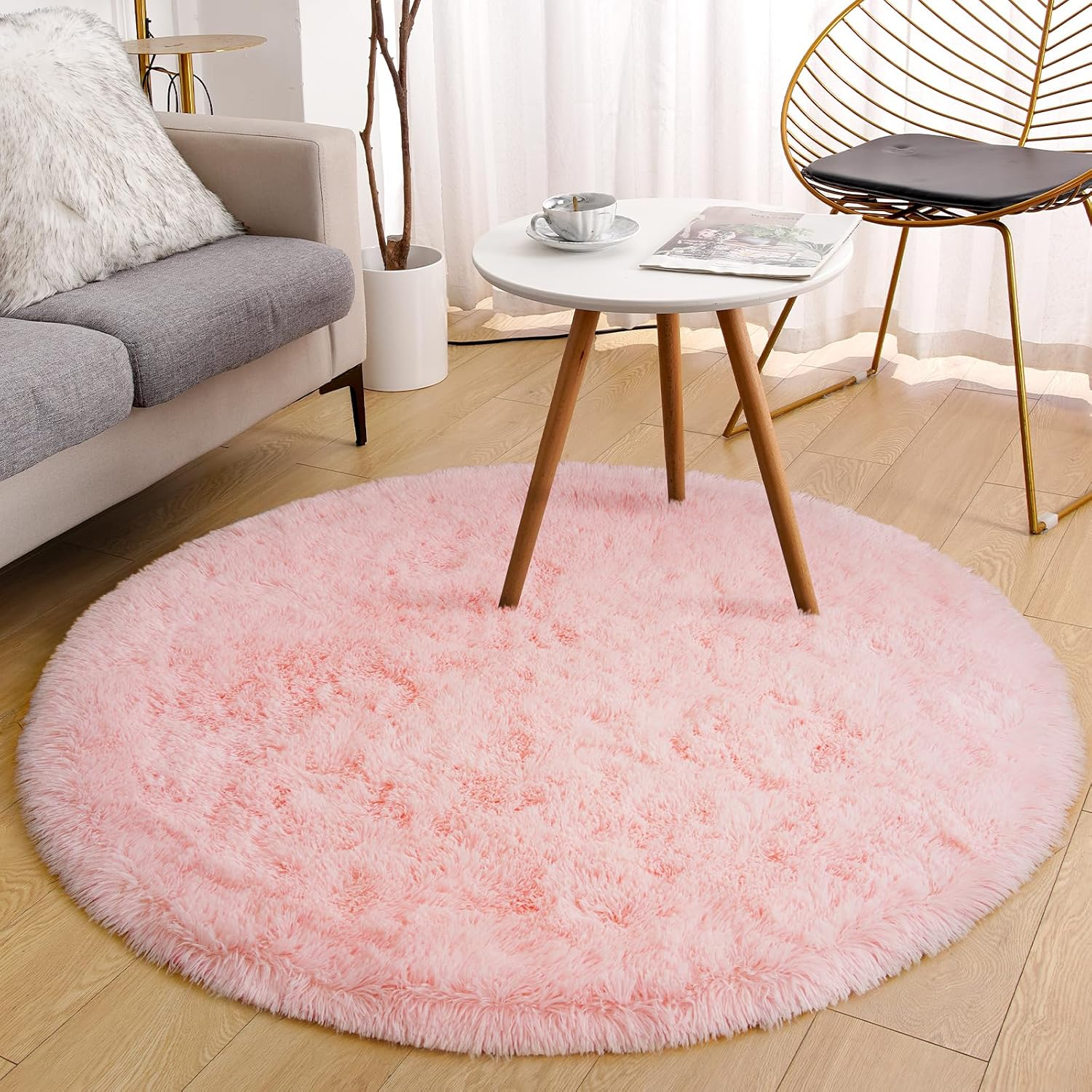 Terrug round Rugs for Living Room Bedroom, 5X5 Feet Modern Fluffy Shag Washable Area Rug, Non-Slip Cute Plush Circle Rug Carpet for Nursery Room Kids Boys Girls Dorm Home Decor, Pink image number 5