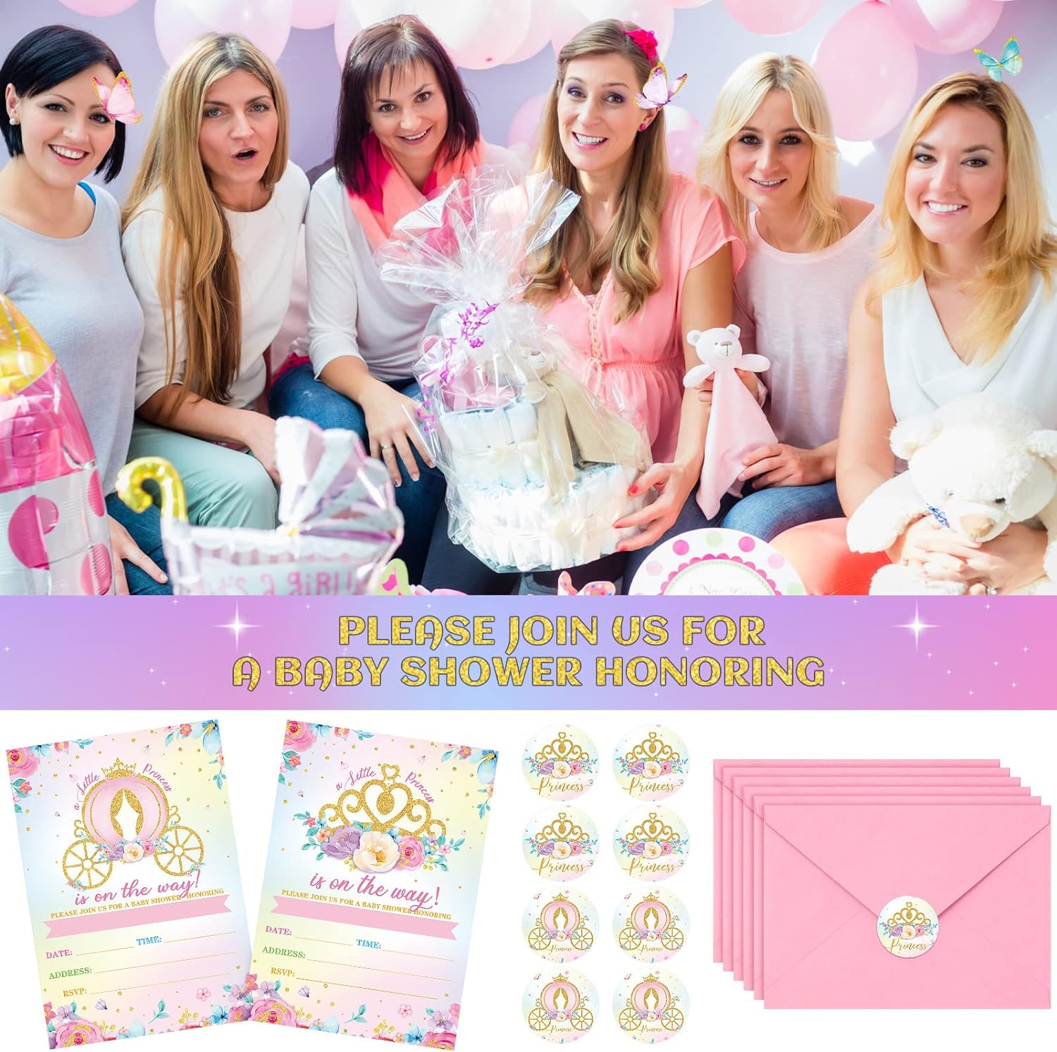 Taobary 24 Set Pink Princess Baby Shower Invitations for Girl, Princess Birthday Party Invitations Cards with Envelopes, and Stickers for Party Favors Girls Castle Supplies(Baby Shower) image number 6