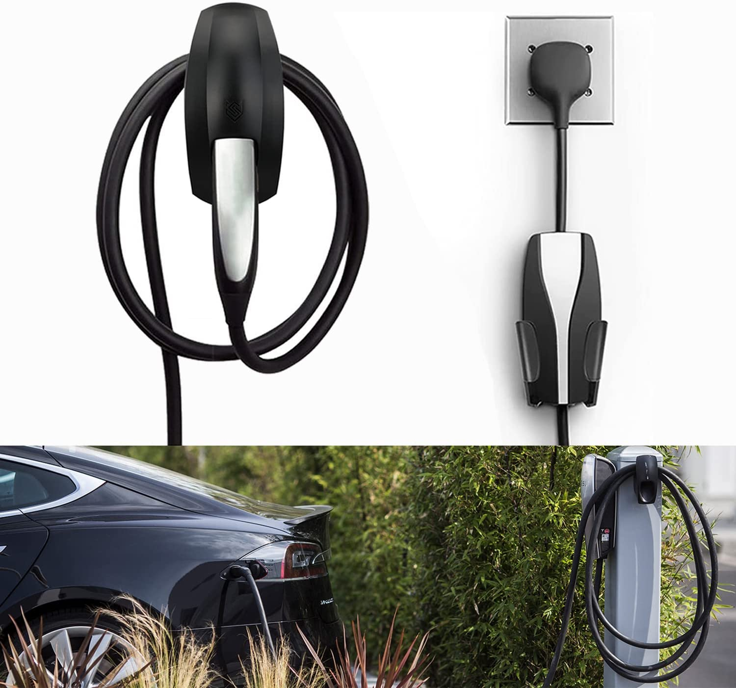 Seven Sparta Charging Cable Holder with Chassis Bracket for Tesla Model 3 Model Y Model X Model S Charger Cable Organizer Tesla Accessories Car Wall Connector (Black)