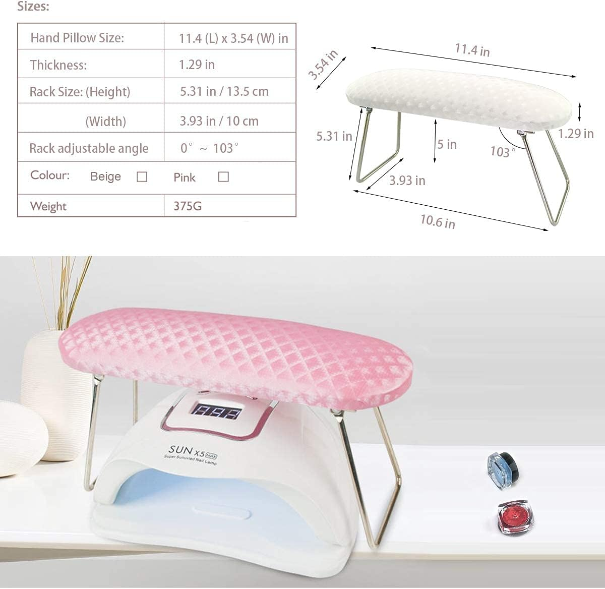Nail Arm Rest, Hand Rest for Nail Microfiber Soft Leather Manicure Nail Rest with Non-Slip, WOLINSPRING Professional Hand Pillow Cushion Table Desk Station for Nail Techs Use (Pink) image number 5