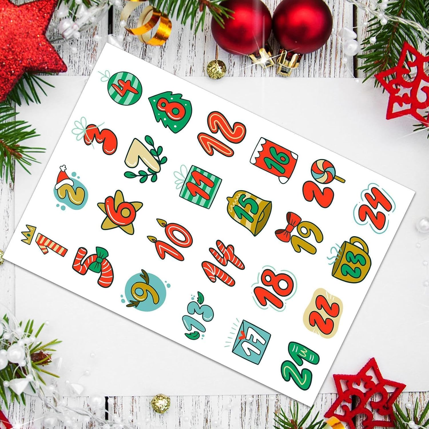 Christmas Advent Stickers | 1-24 Christmas Number Stickers | Festival Card Envelope Sealing Labels for Carnival Supplies