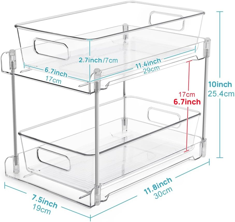 2 Pack Bathroom Organizer, 1Pcs 2 Tier Clear under Sink Vanity Counter Container, Pull Out Storage Organizer, Cabinet Drawers Bins with Track, for Pantry, Bathroom, Kitchen Storage and Organisation image number 5