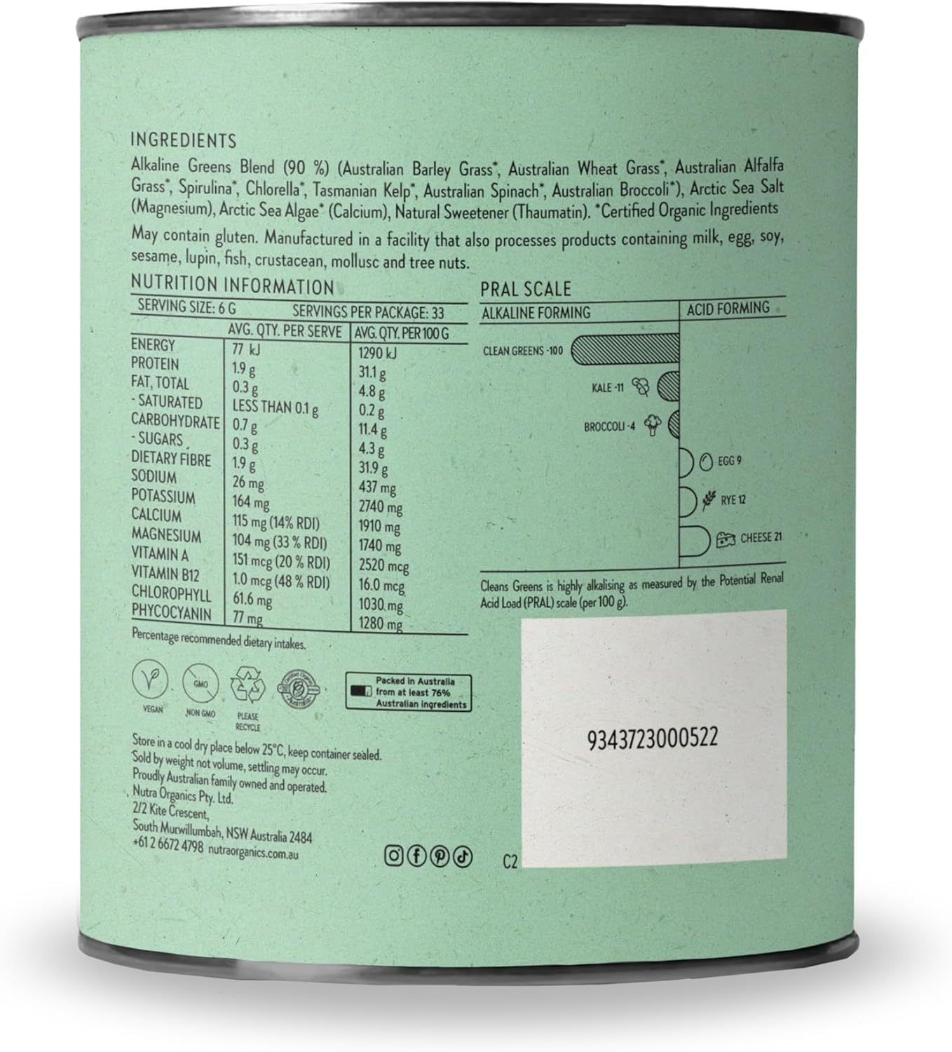 Nutra Organics Clean Greens Straight up Greens 200G | Superfood Blend Marine Minerals | Alkaline Balance Immune Support (33 Serves) image number 1