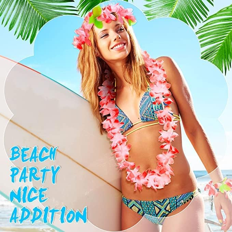 48 Pcs Hawaiian Flower Garlands with Bracelets Headbands Set,Hawaiian Leis Luau Party Decorations Tropical Party Favors for Adult Kids Aloha Tiki Beach Jungle Lays Summer Party image number 1