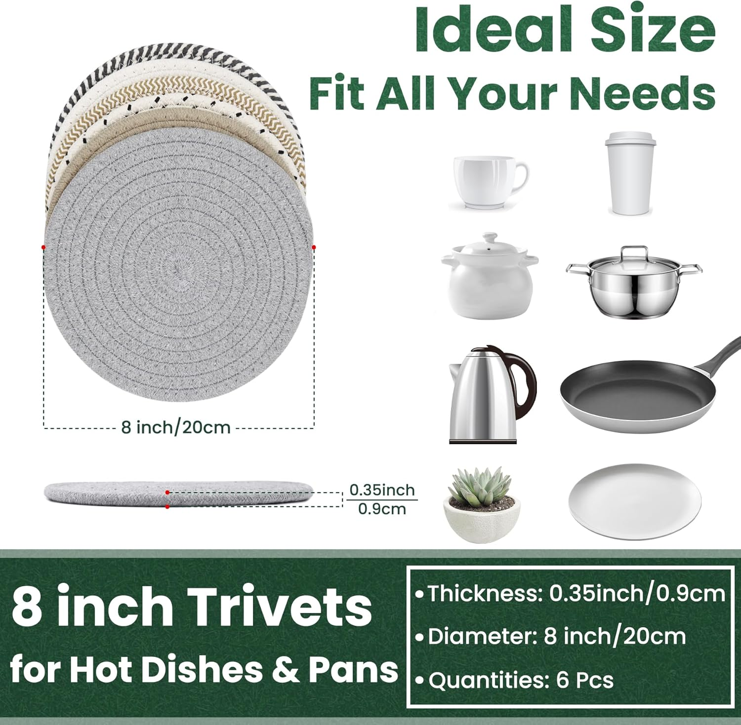 8 Inch Trivets for Hot Dishes, Hot Pots and Pans, Thick Heat Resistant Large Coaster for Kitchen, Hot Pads, Kitchen Essentials, Kitchen Decor for Table & Countertop, 6 Pcs - Light Gray image number 5