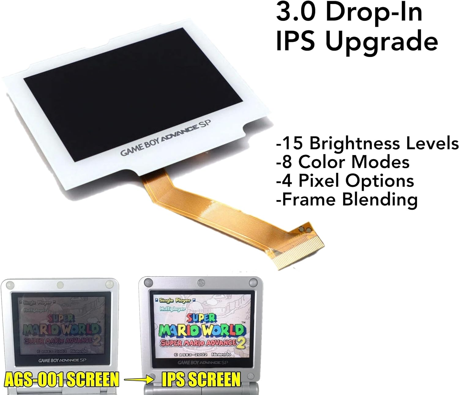 Game Boy Advance SP Drop-In 3.0 IPS Backlight LCD Upgrade Kit for AGS 001 & 101 Gameboy NO SOLDER/NO TRIMMING (Black)