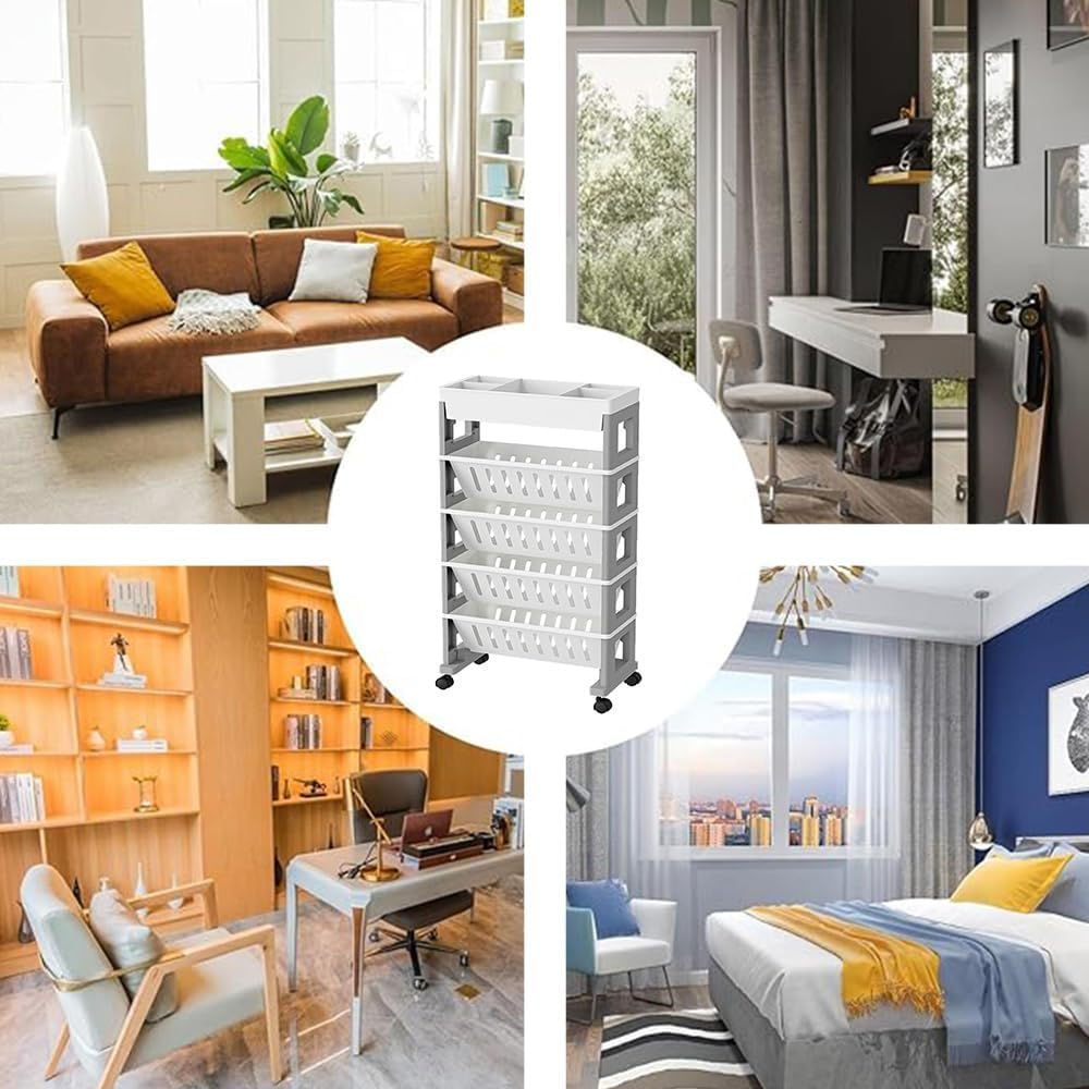 5-Layer Mobile Bookshelf with Wheels, Removable File Folder Organizer Cart, Multifunctional Rolling Practical Storage Cart for Study Room, Classroom, Office, Dormitory School (White Gray) image number 4