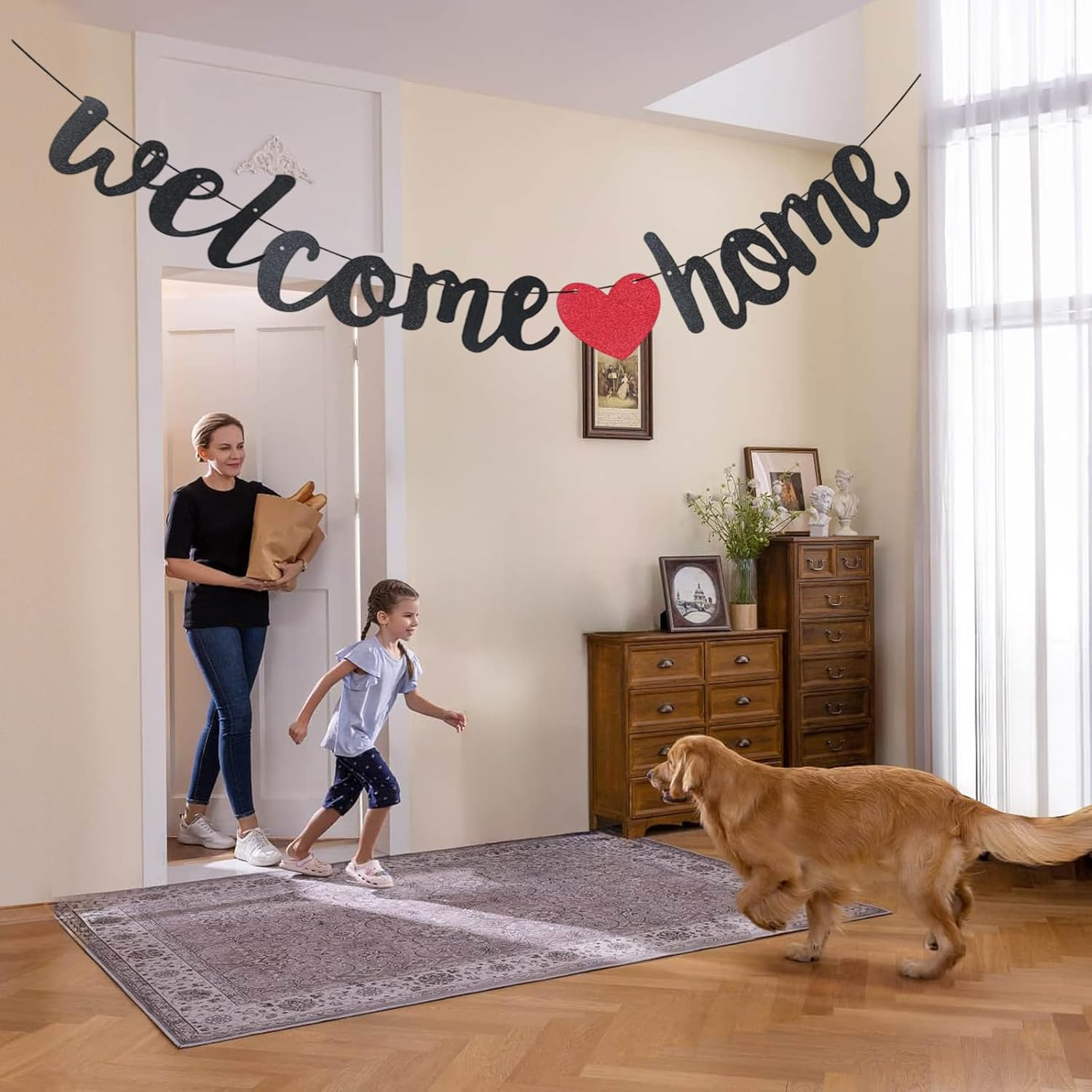 Viiotu Welcome Home Banner, Welcome Home Banners Flag, Glitter Bunting Backdrop with Shiny Powder, Welcome Rope & Easy Assembly for Home Decor, Housewarming, Military Homecomings, Family Celebrations (Black+Red) image number 5