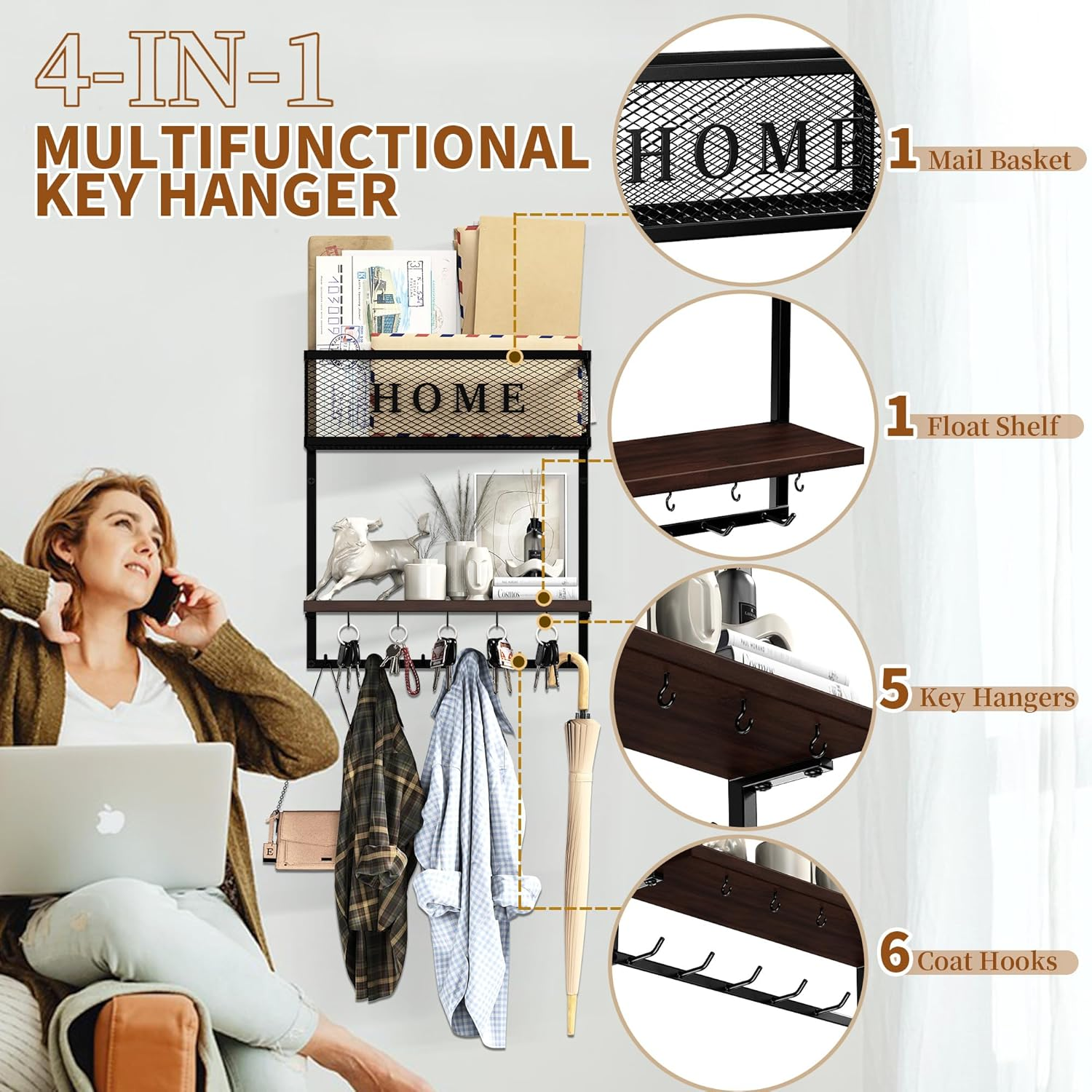 Mail and Key Holder Wall Mount - Entryway Organizer with Metal Hanger, Wooden Shelf, 11 Hooks - 4 in 1 Rack for Home Decor (Black) image number 4