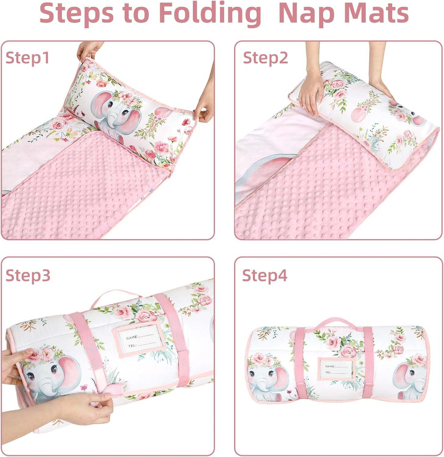 Toddler Nap Mat for Preschool, Soft Sleeping Mats for Kids Boys Girls, Detachable Zipper, 55" X 23" Fit Stackable Kiddie Cot, Pink Elephants image number 6