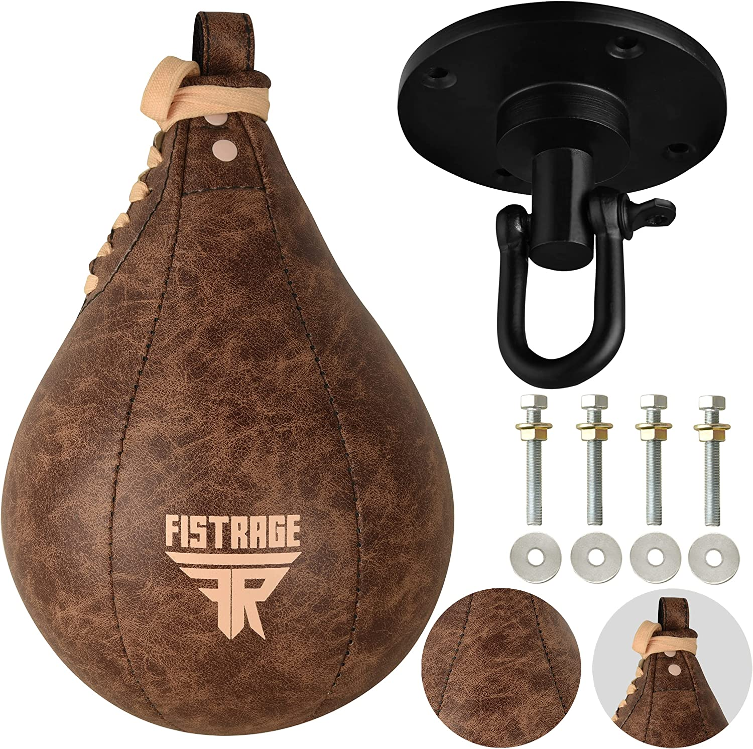 Speed Ball Boxing Bag Leather MMA Muay Thai Training Punching Dodge Striking Kit with Free Hanging Swivel Workout Speedball Kicking Platform Equipment