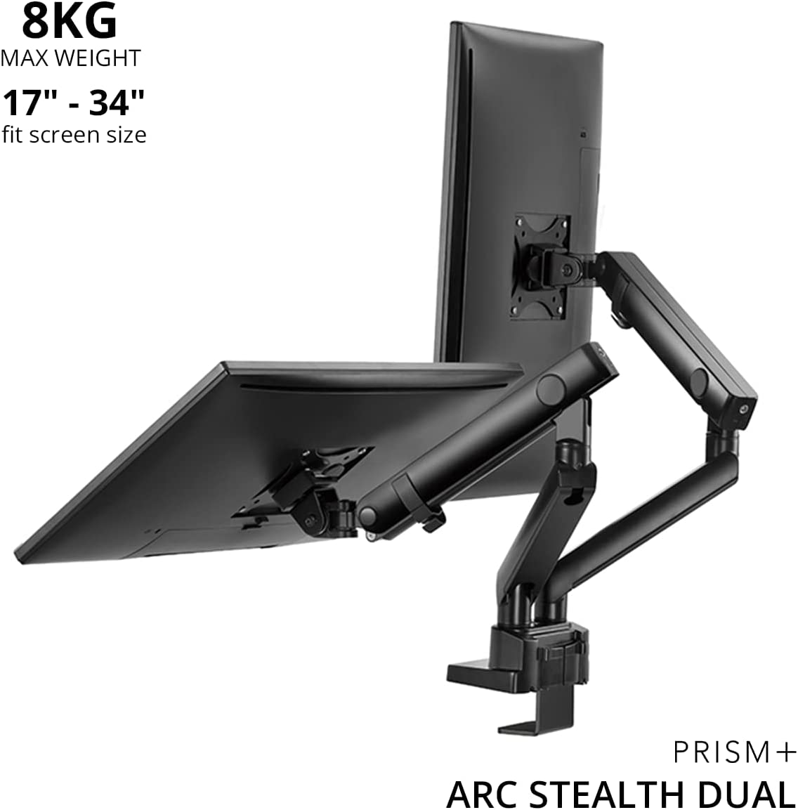PRISM+ Arc Stealth Dual Monitor Arm | for Screens 17" - 34" | Weight up to 8Kg/Arm | VESA 75X75Mm 100X100Mm | Clamp/Grommet image number 5