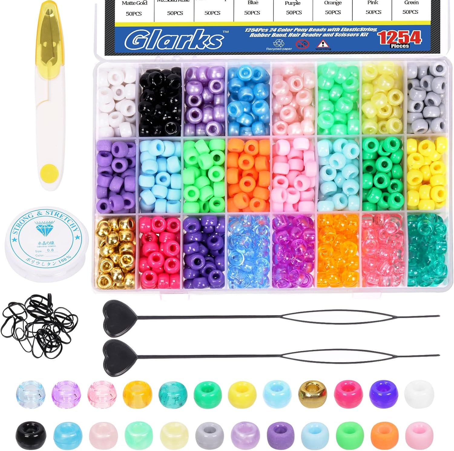 Glarks 1254Pcs 24 Color Pony Beads Kit with Elastic String, Rubber Band, Quick Beader and Scissors - Solid Pearlescent Transparent Matte Rainbow Hair Beads for Braids Bracelet Making Craft image number 6