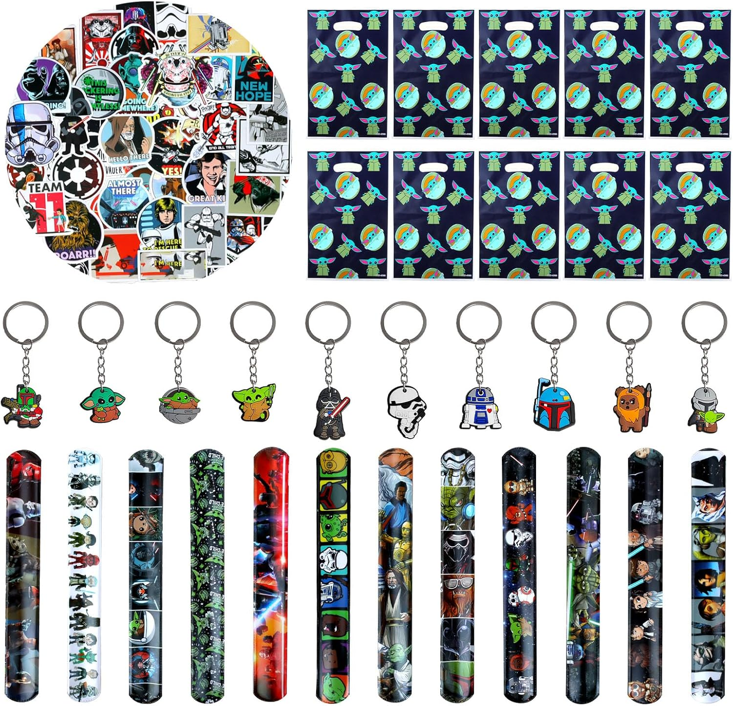 Yod Party Bags, Star War Give Aways Children'S Birthday Party Favours, Star Wars Birthday Decoration, 10 Key Chains, 10 Party Gift Packs, 12 Silicone Bracelets, 50 Stickers for Children 82 Pieces image number 4