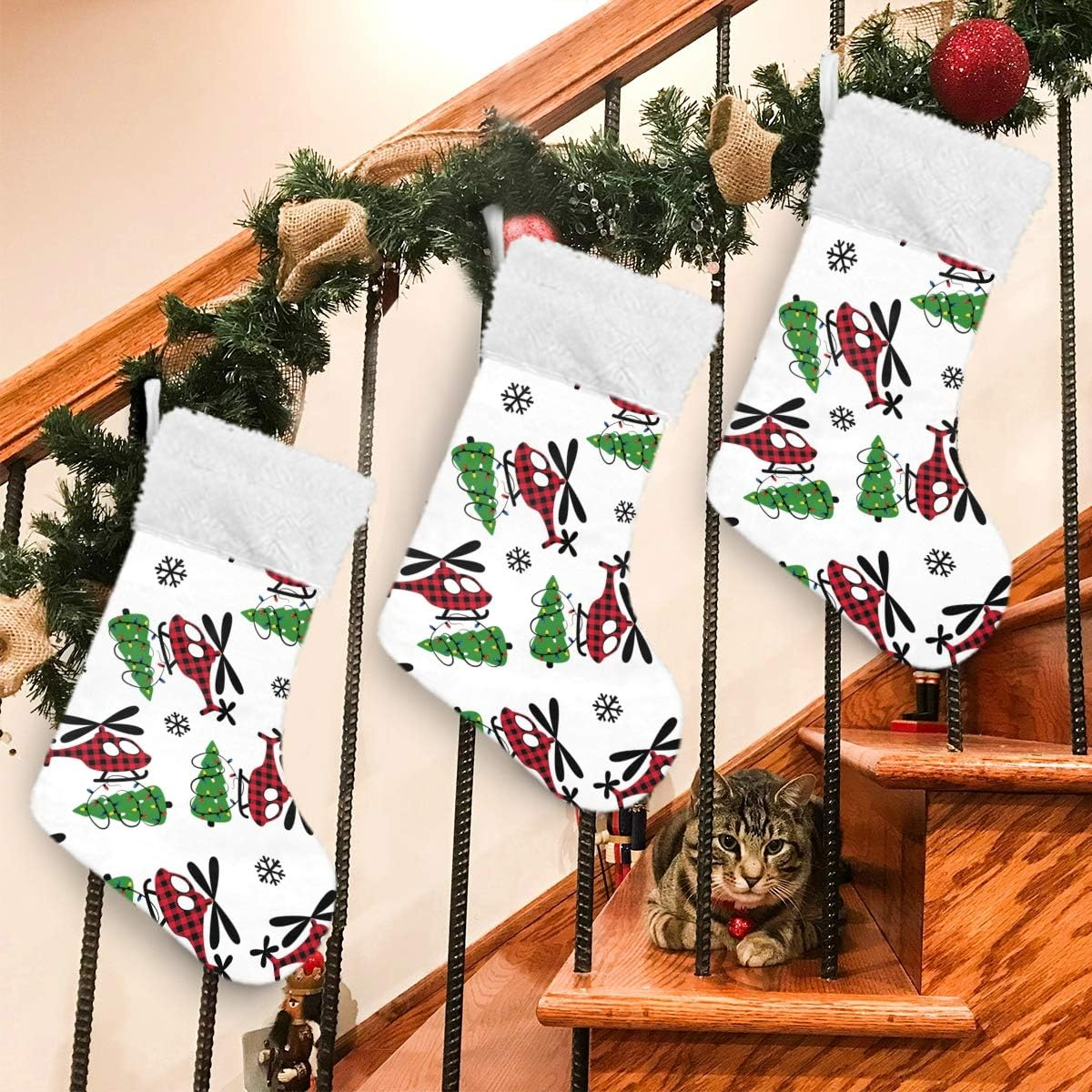 Eionryn Buffalo Plaid Christmas Helicopter Christmas Stockings Winter Snowflakes Xmas Tree Classic Personalized Large Stockings Xmas Character for Family Holiday Christmas Party Decorations 1 Pc 18 I image number 4
