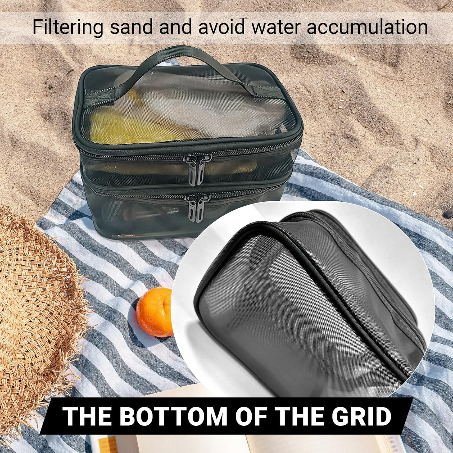 Double Layer Makeup Bag, Mesh Cosmetic Bag with Handle, Double Zipper Beauty Make up Bag, 2 Compartment Toiletries Storage Bag, Portable Travel Cosmetic Case Organizer for Women Girls, Gray - Black image number 2