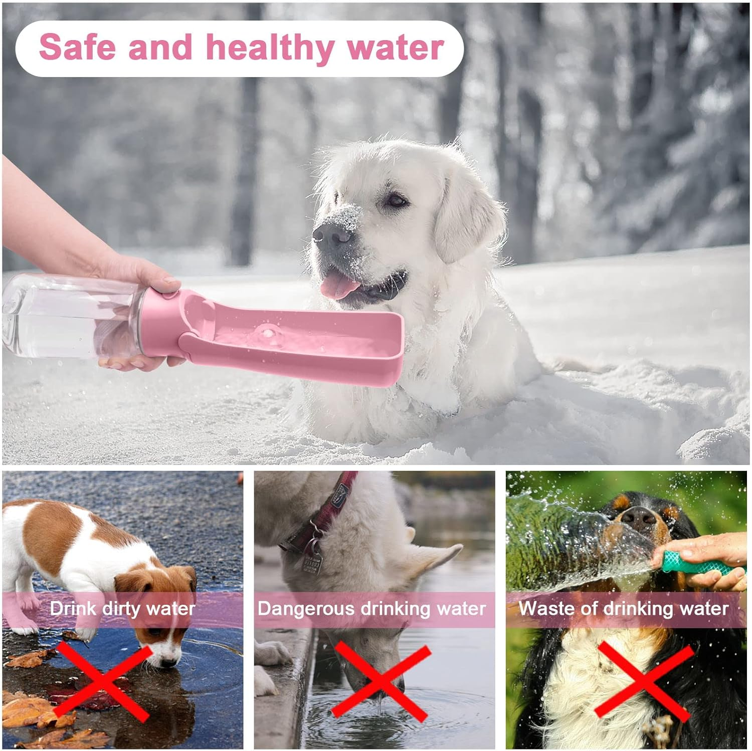 Foldable Dog Water Bottle - 550Ml Portable Dispenser, Leak Proof Travel Bottle for Pets, Outdoor Walking, Hiking - Food Grade Plastic（Pink） image number 3