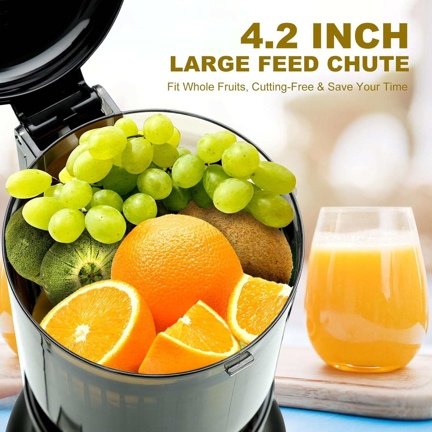 Cold Press Juicer Machines - Electric Slow Juicer with 1.2L and 103Mm Large Feed Chute for Whole Fruits and Vegetables, 250W Masticating Juicer Extractor Easy to Clean, High Juice Yield,Bpa Free, Grey image number 3