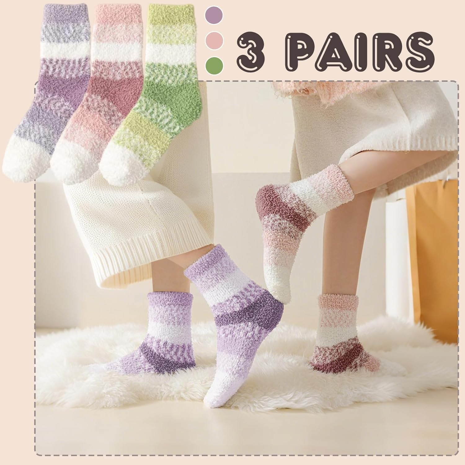 3 Pairs Women'S Fluffy Fuzzy Winter Warm Socks Soft Cozy Plush Slipper Socks for Cold Weather - Green+Pink+Purple image number 6