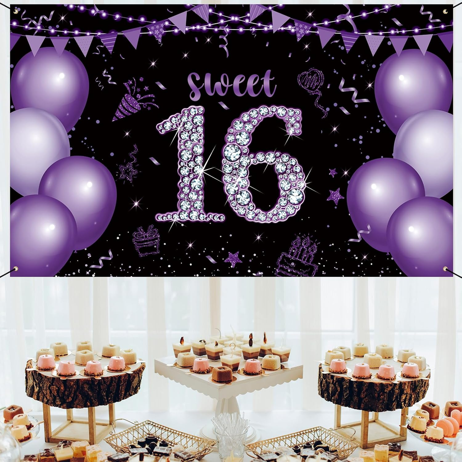 Roetyce Sweet 16 Party Decorations, Black Purple Sweet 16 Banner, 16Th Birthday Decorations for Girls, Sweet 16 Birthday Gifts, Happy 16Th Birthday Backdrop Decor, 16 Years Old Bday Party Supplies image number 4