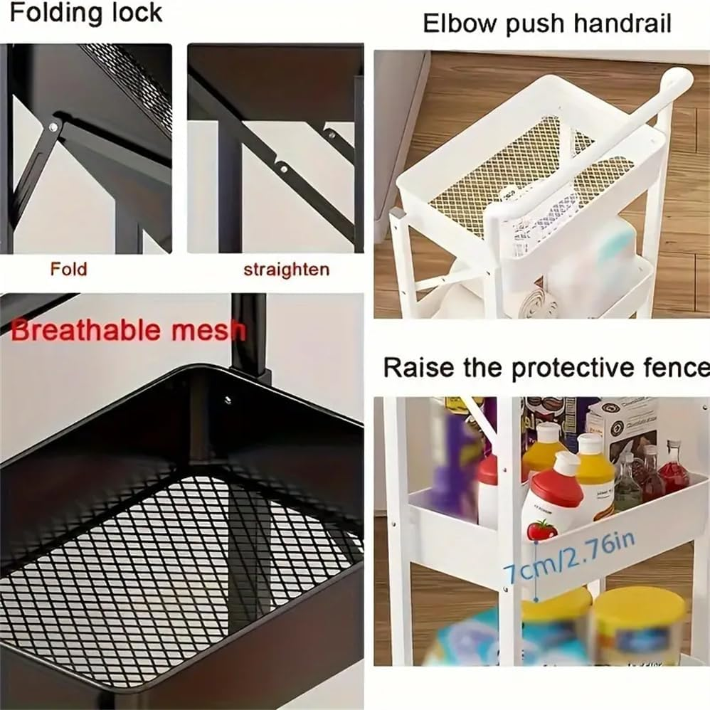 Foldable Storage Cart 3 Tier Rolling Cart with Wheels No Assembly Required Folding Metal Rack Organizer for Living Room, Kitchen, Bathroom, Bedroom and Office,Foldable Rolling Rack image number 1