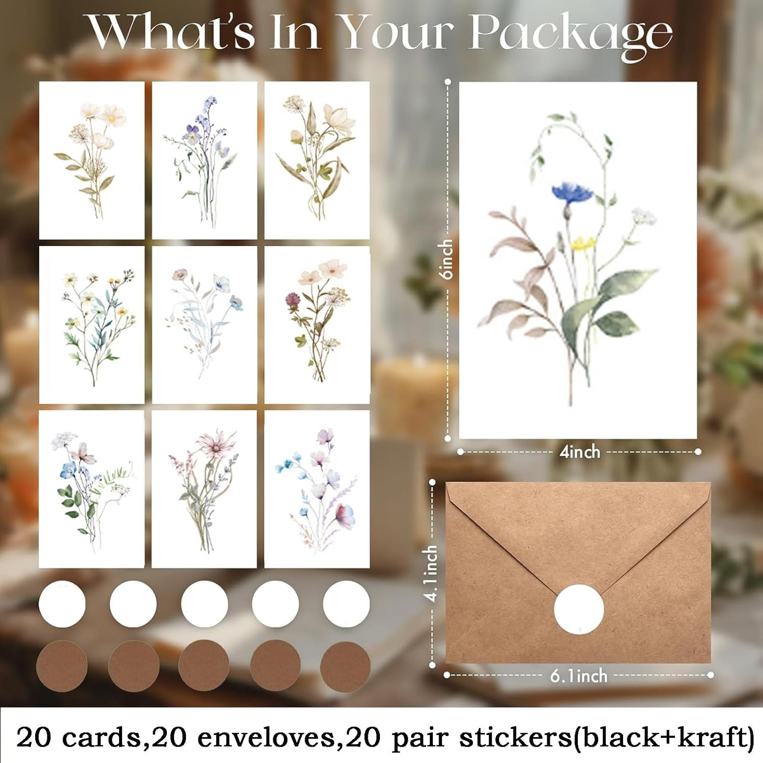 60PCS Blank Cards & Envelopes & Stickers, 4X6 Blank Greeting Cards, Beautiful Greeting Card, Elegant Floral Note Cards, Empty Stationary Set for All Occasions9(20Cards+20Envelops+20Stickers) image number 1