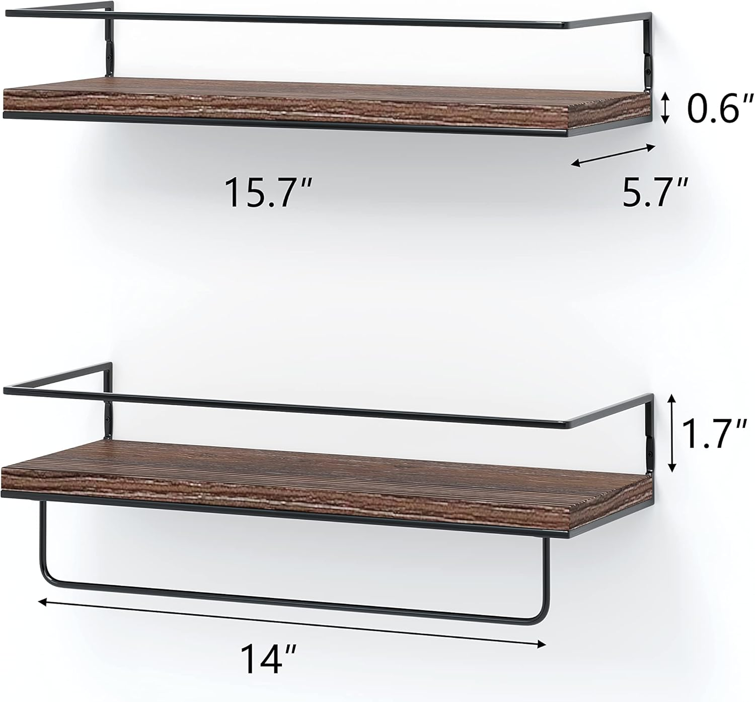 Shario Rustic Wood Floating Shelves - Set of 2, Wall Mounted Hanging Shelves with Black Towel Rack, Decorative Storage Shelves for Bathroom, Kitchen, Living Room & Bedroom (Dark Carbonized Brown) image number 4