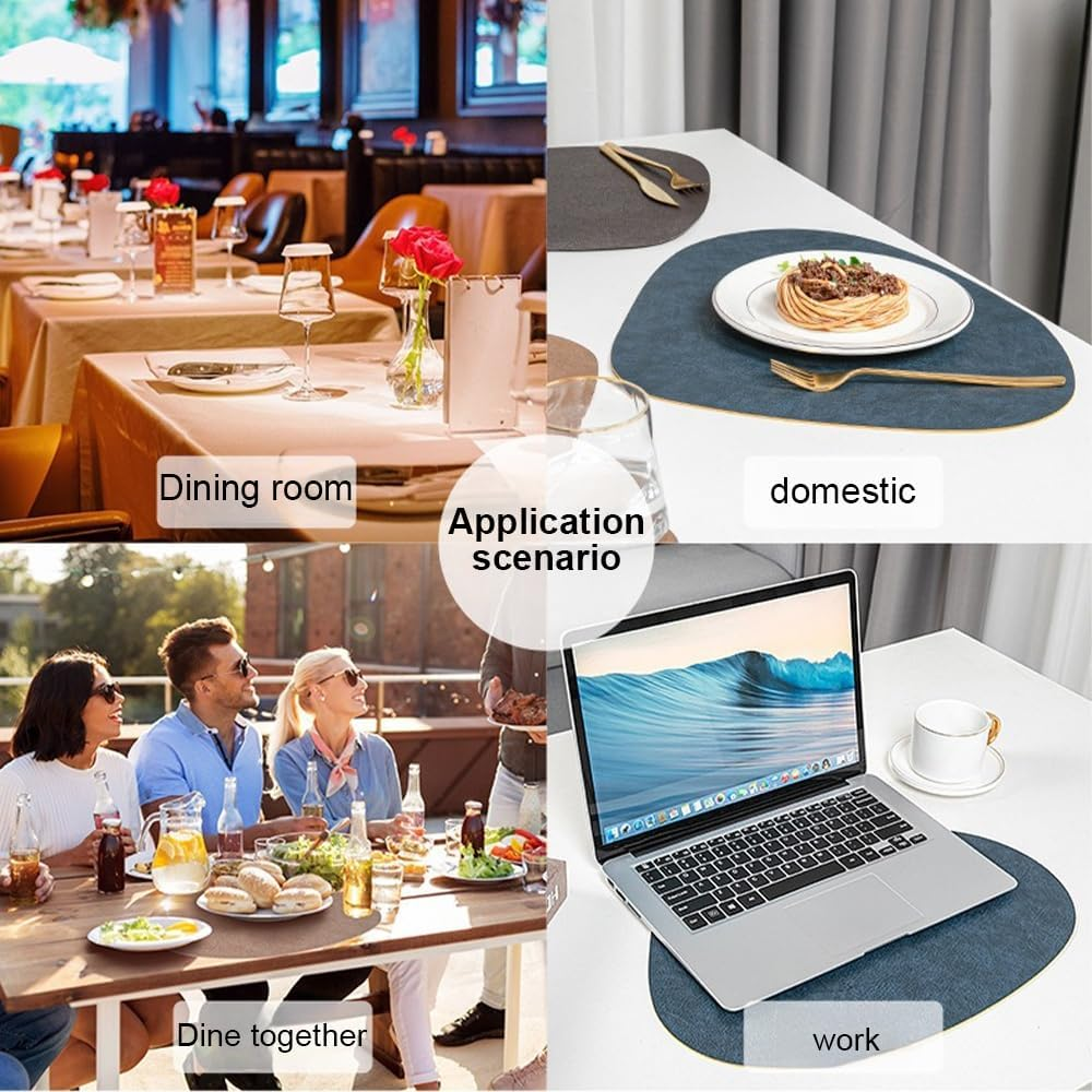 6 Pcs Leather Placemat, Oval PU Leather Wipeable Waterproof Table Mats, Non-Slip Double-Sided Heat Resistant Kitchen Dining Table Placemats, Washable Durable Stain for Home Hotel Restaurant image number 4