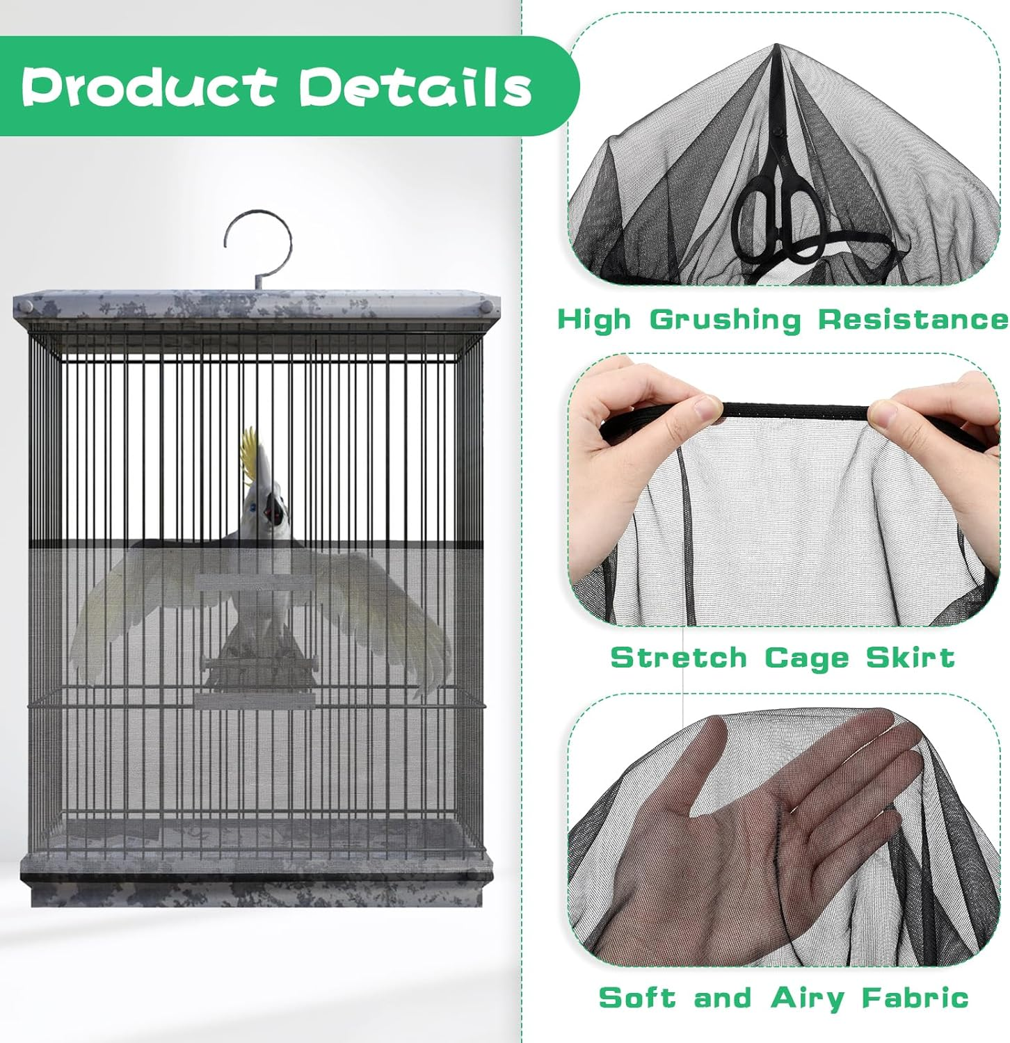 Jeffdad Large Bird Cage Cover, Extra Large Bird Cage Seed Catcher Black Bird Cage Net Bird Cage Accessories Cage Cover Ventilated for Cages with Circumference of 150-220 Cm image number 1