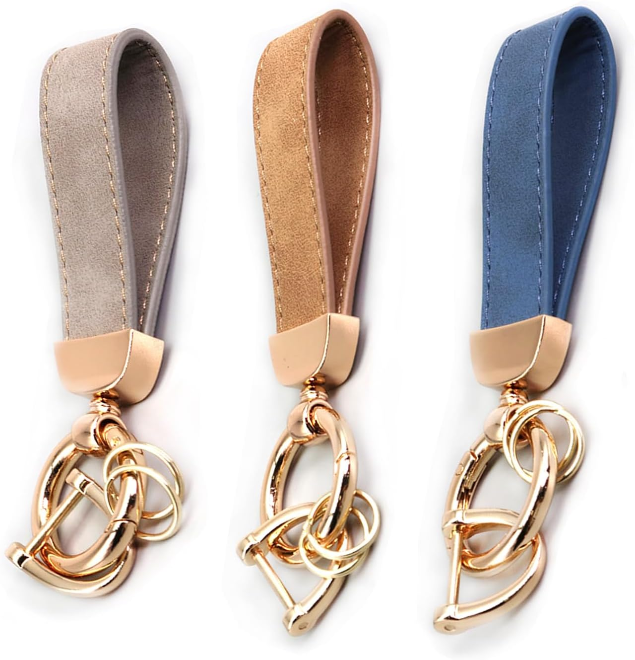 3PCS Leather Car Keychain Accessories Key Ring 360 Degree Rotatable Snap Swivel and Anti-Lost D-Ring Metal Key Chains for Men and Women(Brown,Blue,Grey), Golden