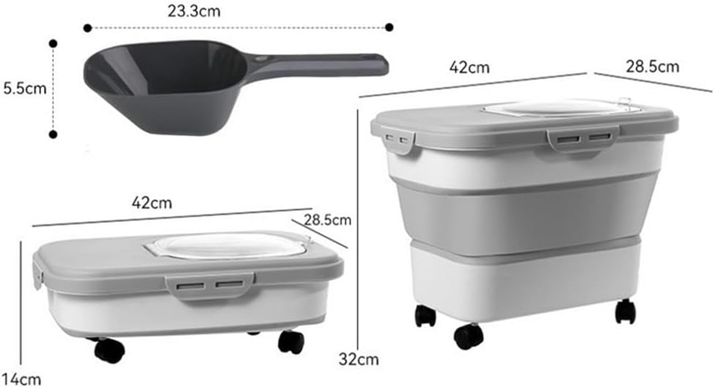 Pet Food Container, Collapsible and Moisture-Proof Dog Food Storage Container with Rolling Wheels, Scoop and Airtight Lid, Large Pet Food Storage for Dog, Cat, 42*28.5*32Ccm, Grey image number 4
