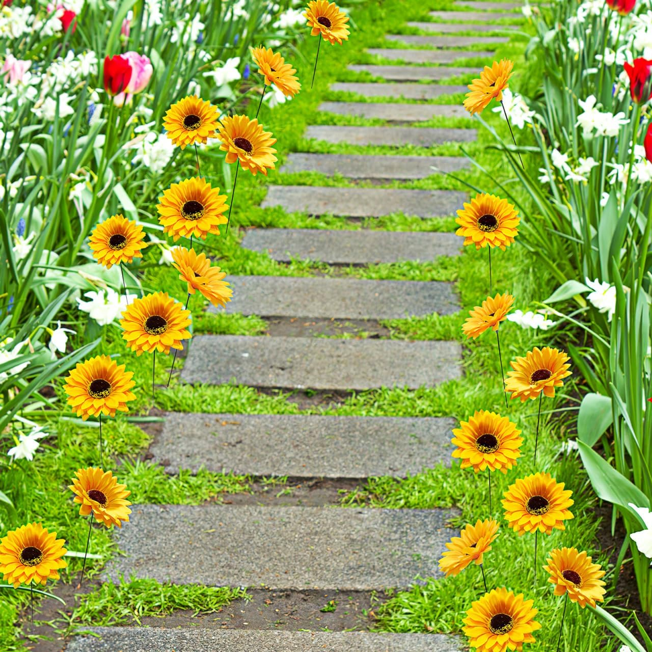 VILLCASE Sunflower Garden Stakes, Flower Yard Art Decor Outdoor Flower Stick, Silk Cloth Sunflowers with Metal Stake for outside Pathway Patio Yard Lawn Decor, 5Pcs image number 5