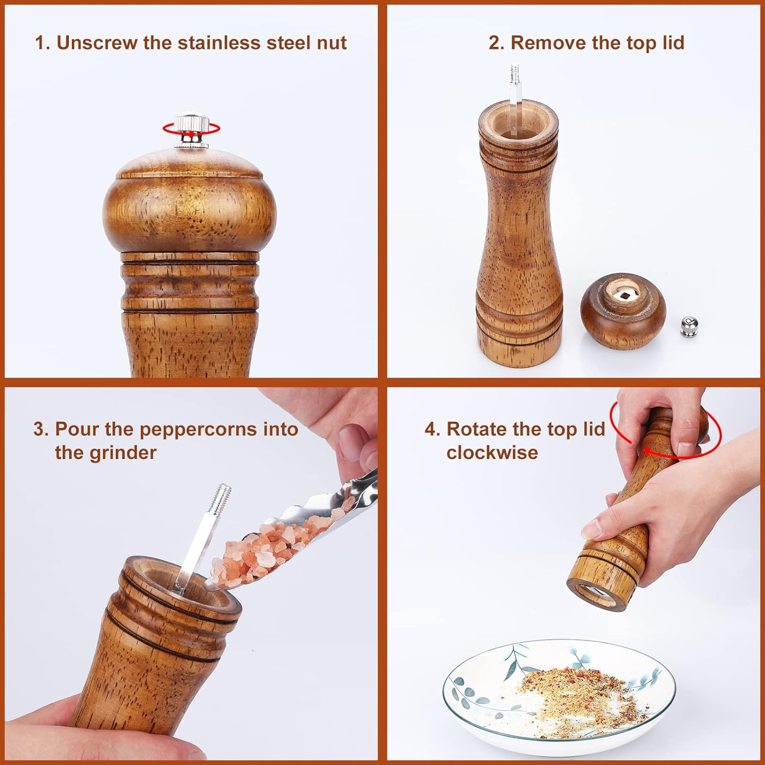 Wood Pepper Grinder Pepper Mill,Adjustable Coarseness 8 Inch Wooden Peppermill, Ceramic Grinding Mechanism Salt Mill Refillable (1 Pack) image number 3