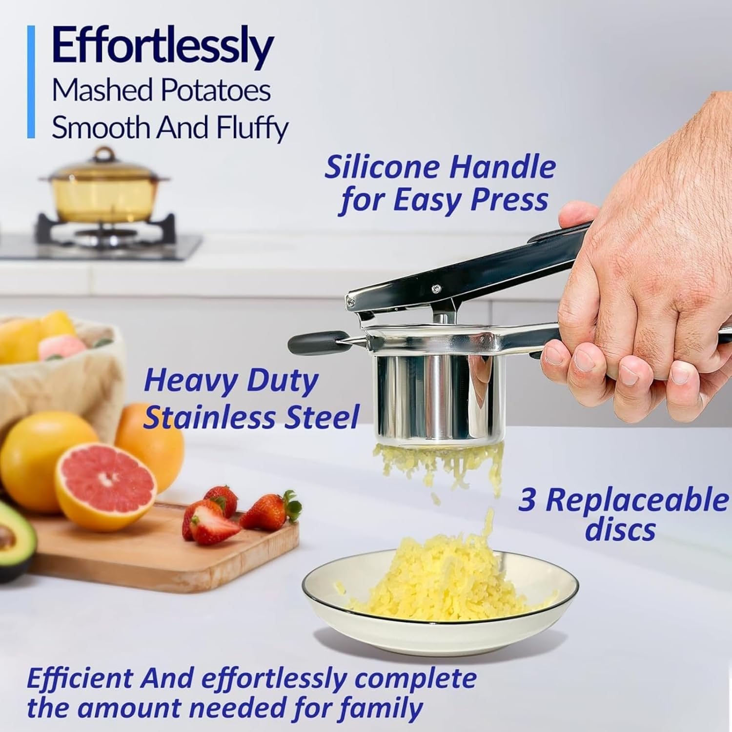 Potato Ricer, Heavy Duty Potato Masher with 3 Interchangeable Discs, Potato Ricer Stainless Steel for Fluffy Mashed Potato, Potato Press, Fruit Juicer, Food Press Squeezer Too 15Oz image number 3