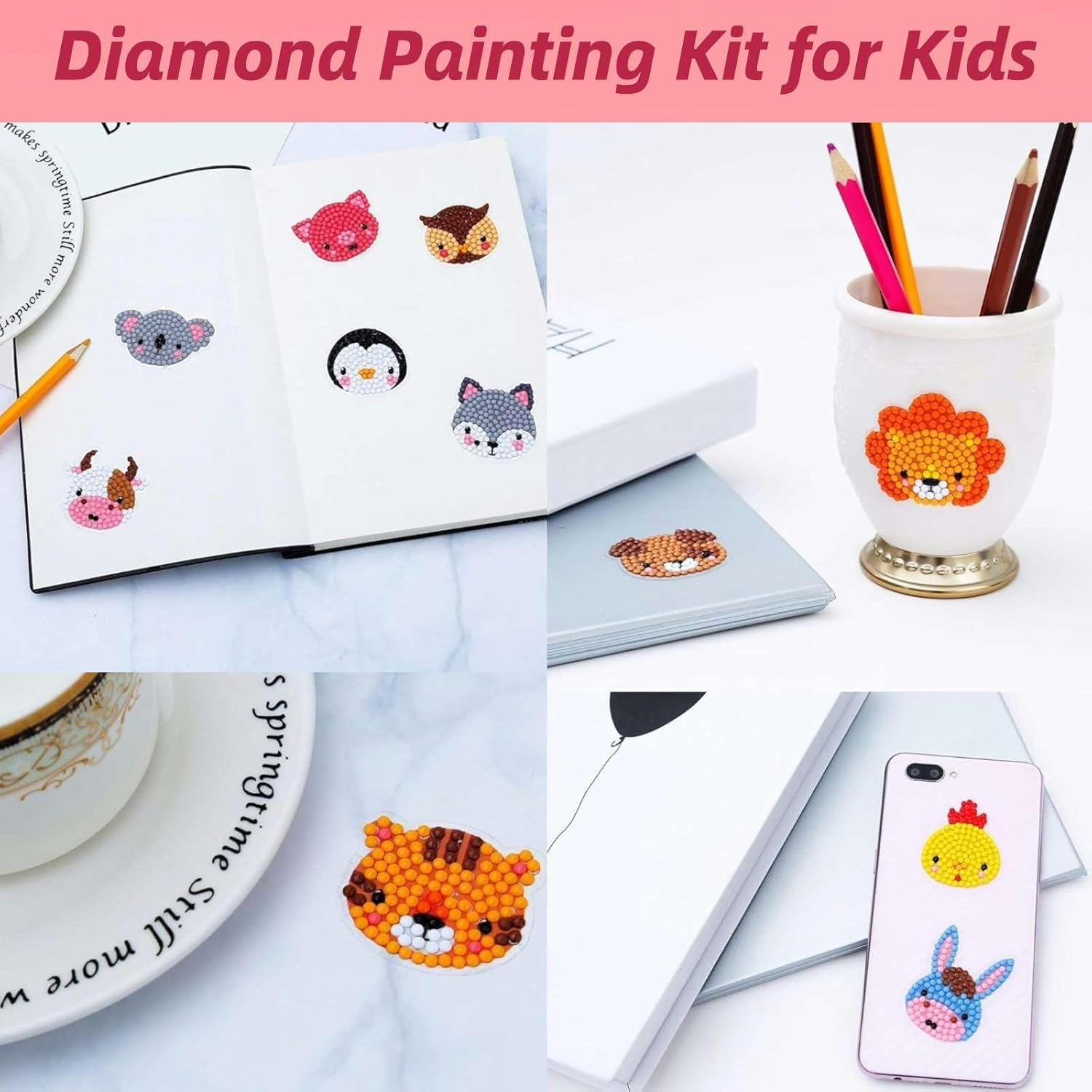 Hilleo Diamond Art Kits for Kids Adults Beginner 24Pcs DIY Animal Stickers Diamond Painting Kit Gem Art for Kids Boys Girls image number 4