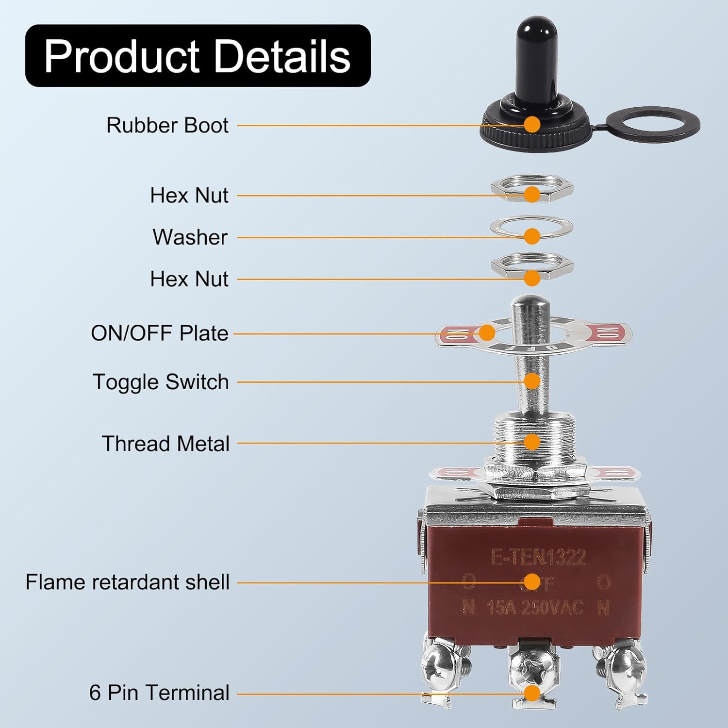 Waterproof Toggle Switch on off 2 Pin SPST DC 12V 30A Marine Toggle Switchat for Car Auto Truck Boat - 5 Pack (（On）-Off-（On）) image number 4