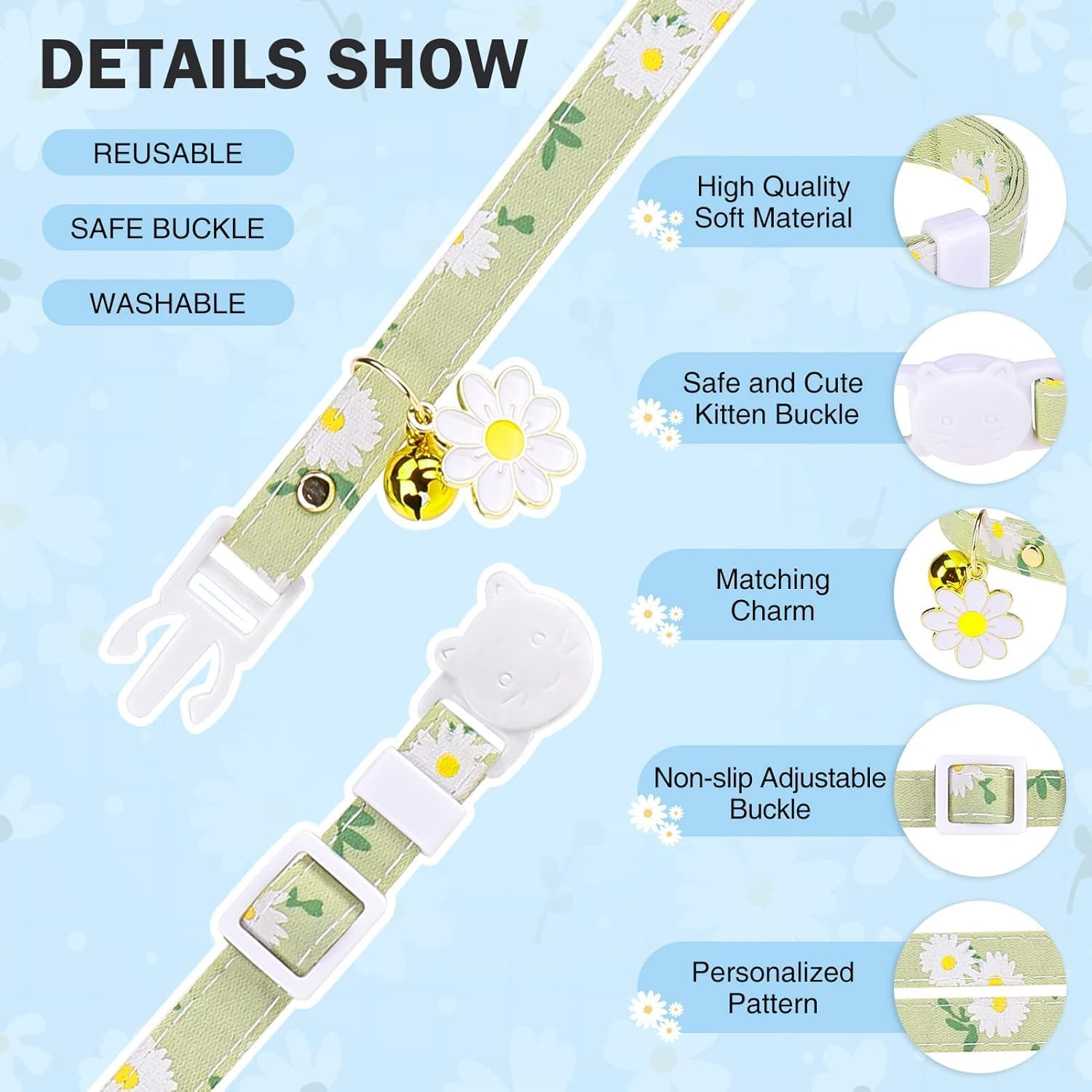 Floral Cat Collar Set with Bell and Daisy Charm, Pack of 3, Pink Purple Green image number 5