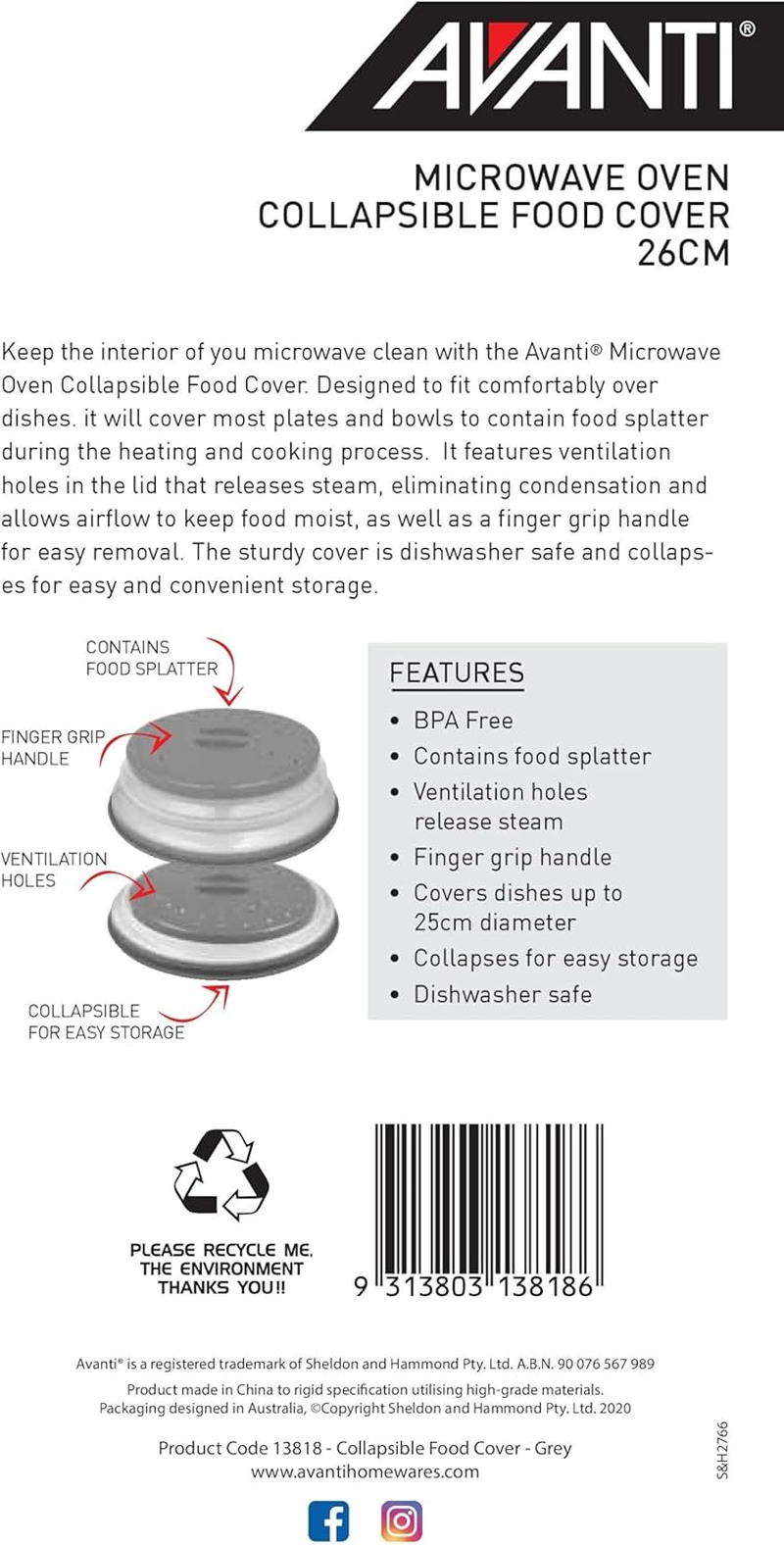 Avanti Collapsible Microwave Food Cover, Grey,Gray image number 1