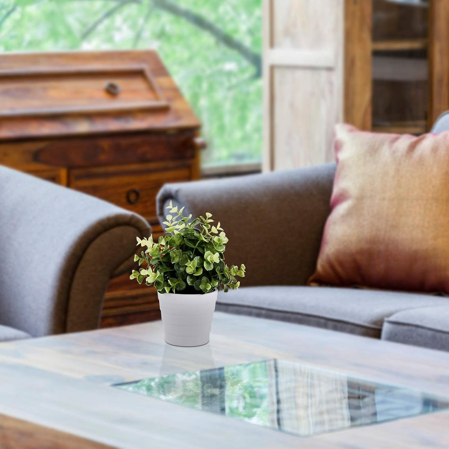 Small Fake Plant Potted - Faux Plant Indoor Plant Artificial Potted Plant Decor for Home and Office (Eucalyptus Green) image number 3