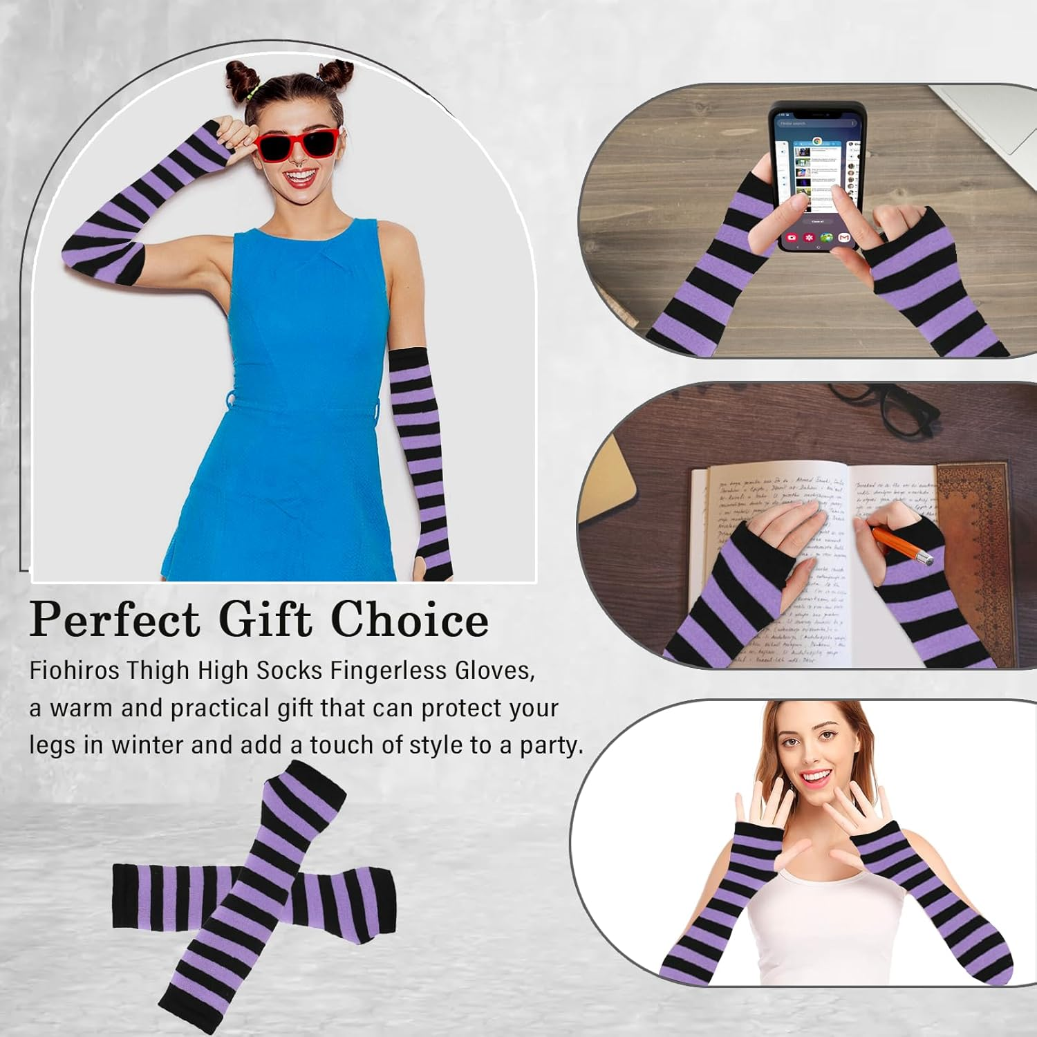 1 Thigh High Socks with 1 Fingerless Gloves,Cute Stripe Long Knee High Socks, Funny Soft Leg Warmers for Novelty Party Halloween Cosplay Stage - Black White image number 7