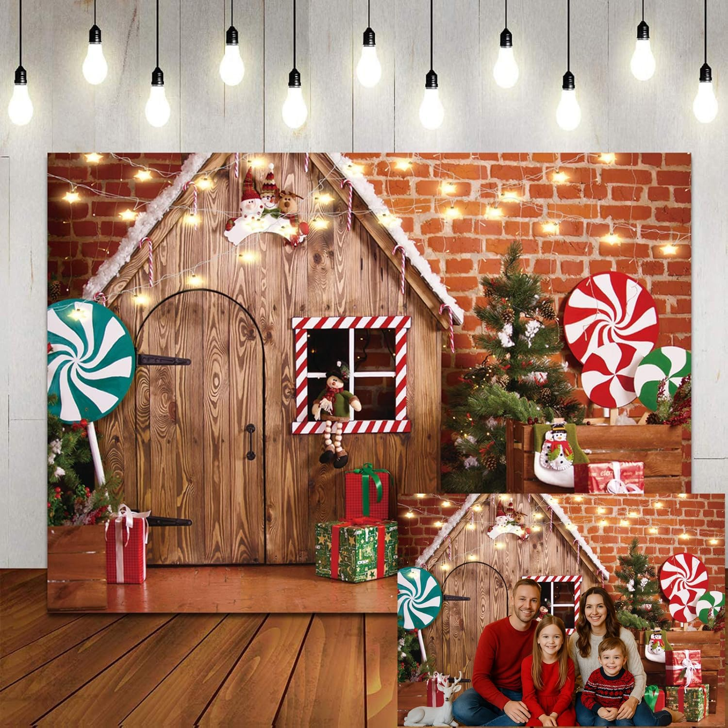 LTLYH 8X6Ft Christmas Fabric Photography Backdrop Gingerbread House Candy Tree and Gifts for Kids Portrait Photo Studio Booth Photographer Props 119