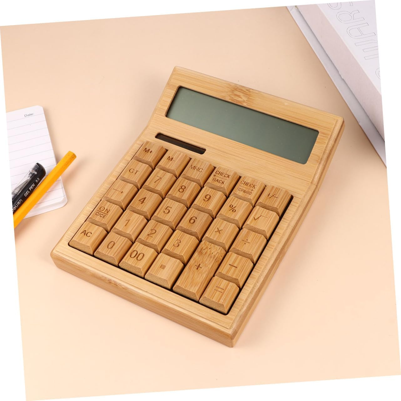 Key Bamboo Solar Calculator for Office Portable Electronic Calculator Buttons for Desk Use and Basic Calculations - Brown image number 2