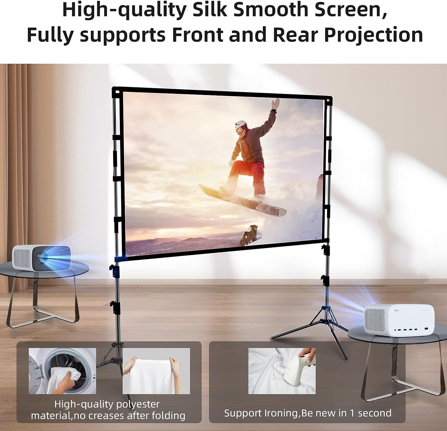 Projector Screen and Stand,Gainvane 120 Inch Portable Projector Screen Indoor Outdoor Projection Screen 16:9 4K HD Wrinkle-Free Light-Weight Movie Screen with Carry Bag for Backyard Movie Night image number 1