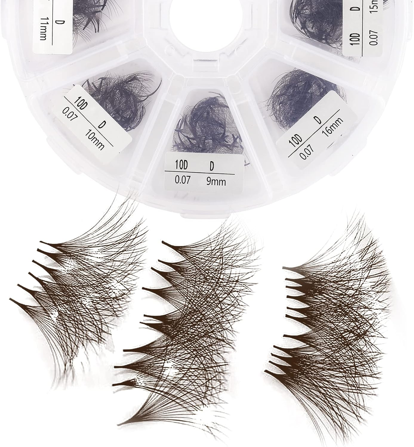 10D Brown Premade Fans Volume Lash Extensions 500 PCS 0.07Mm 9-16Mm Mixed C/D Curl Short Stem Premade Volume Eyelash Extensions Pointed Base Fans(9-16Mm Mixed,500Pcs-10D-0.07-D) image number 5