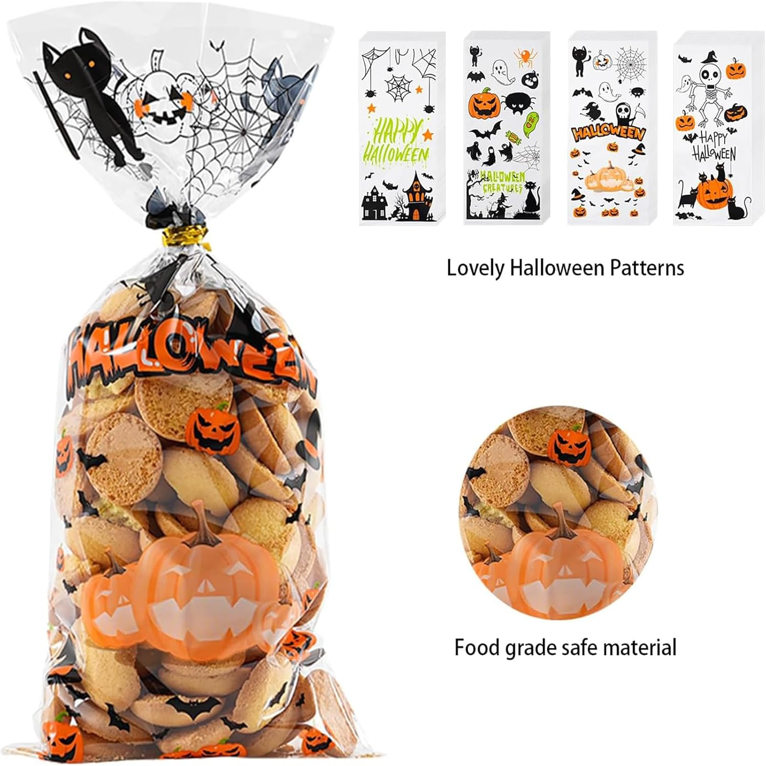 Halloween Cellophane Treat Bags, 100Pcs Halloween Plastic Clear Candy Bags with 100Pcs Twists for Snacks Cookies Packing image number 2