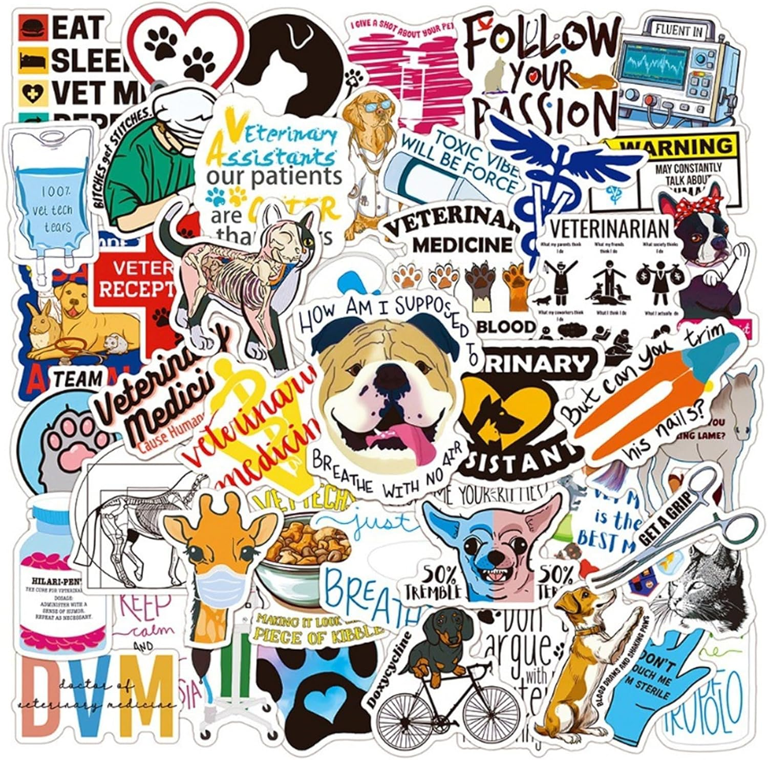50 Pcs Funny Veterinary Stickers and Decals, Cute Veterinarians Vinyl PVC Waterproof Stickers for Water Bottle Skateboard Luggage Laptop Computer Phone, Vet Tech Party Favors for Kids Teens Adults image number 6